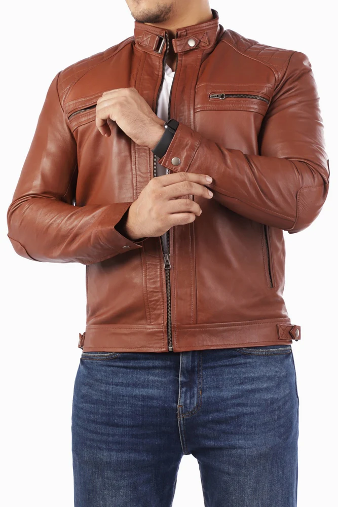 Men's Casual Signature Diamond Lambskin Leather Jacket-Tan